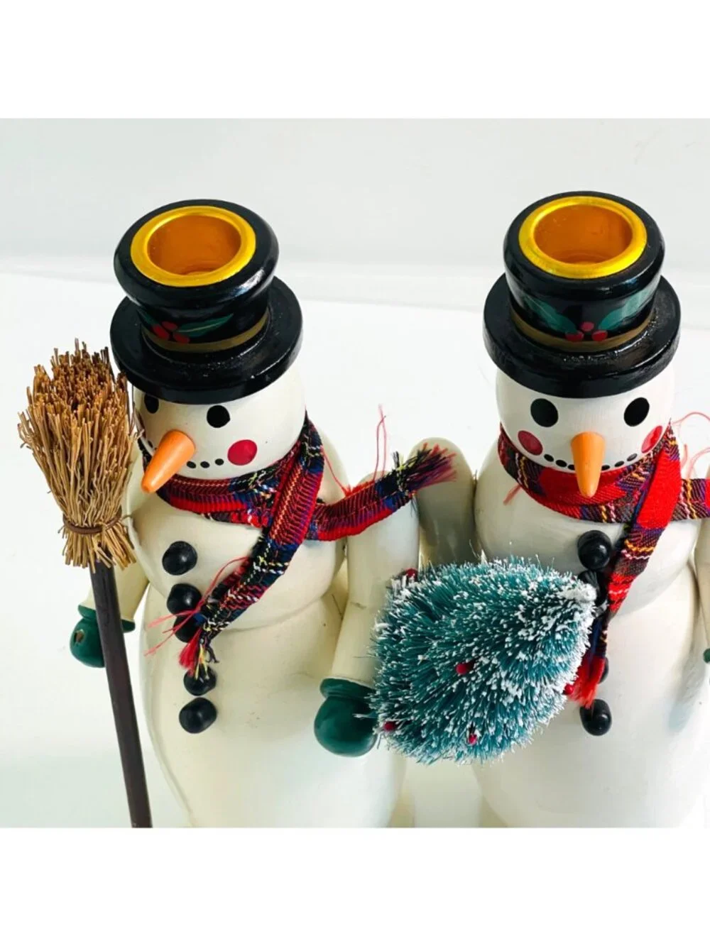 Vintage 1990s Christmas Wooden Snowman Candlestick Holder Taper 9
